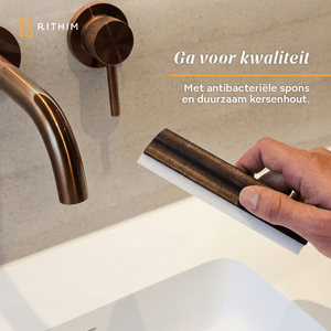 Person using a scrubber on a sink with Rithim branding and text about quality and sustainability.