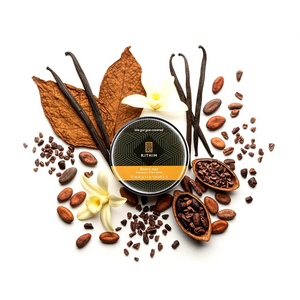 Rithim Tobacco and Vanilla Beard Wax with vanilla beans, cocoa beans, and vanilla flowers on a white background