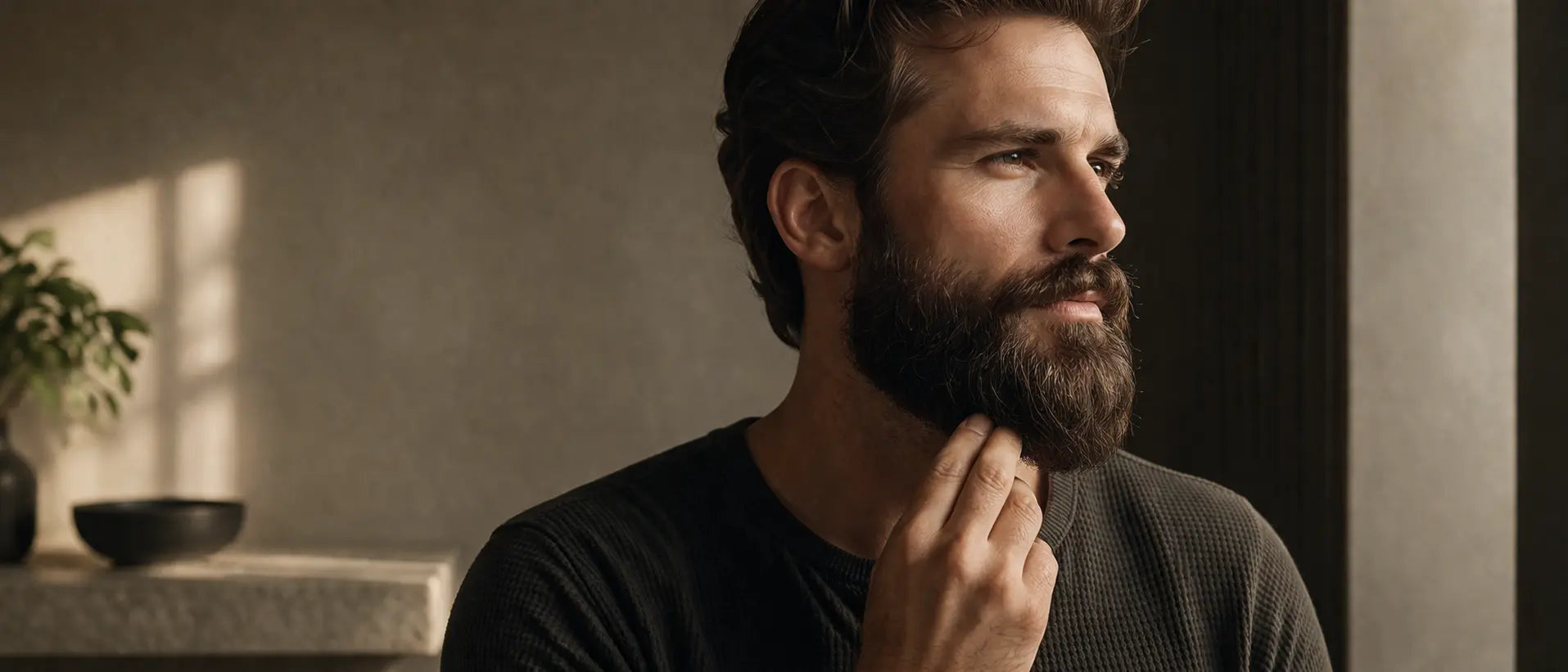 Verzorgde man met volle baard in een stijlvolle badkamer, hero afbeelding voor blog over essentiële baardverzorging