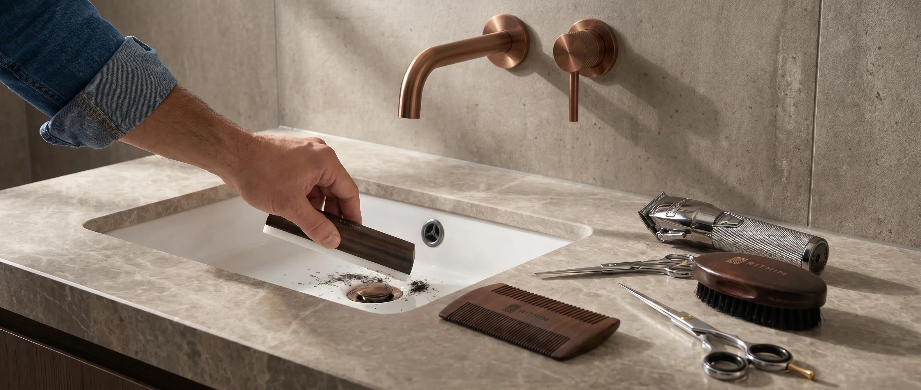 Grooming tools en Rithim Baardbar bij een wastafel met lichte trimhaartjes na het bijwerken van een baard