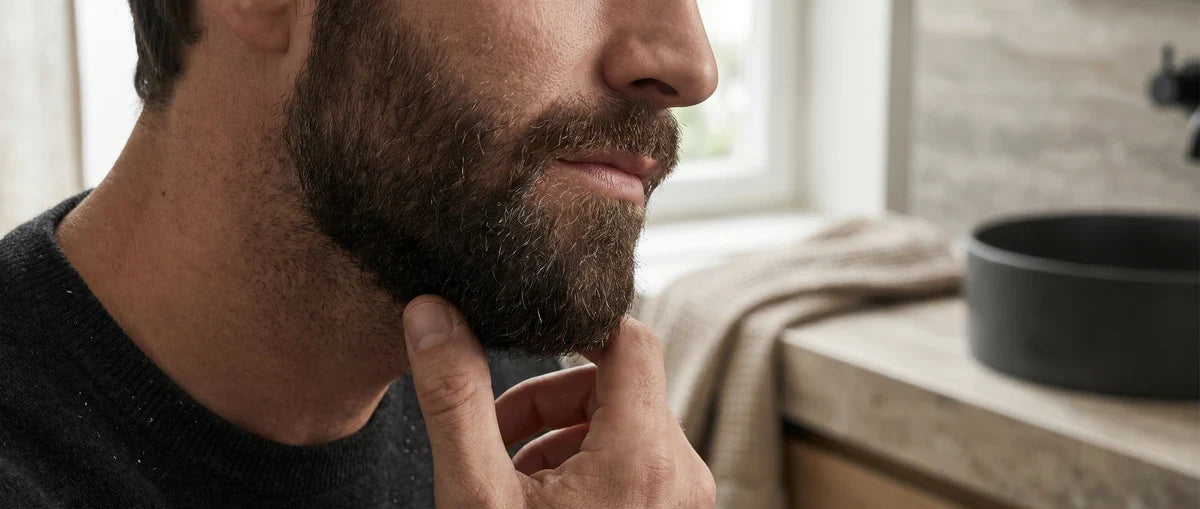 Close-up van baard en kaaklijn met subtiele droogte in een premium badkamer setting voor blog over baardroos