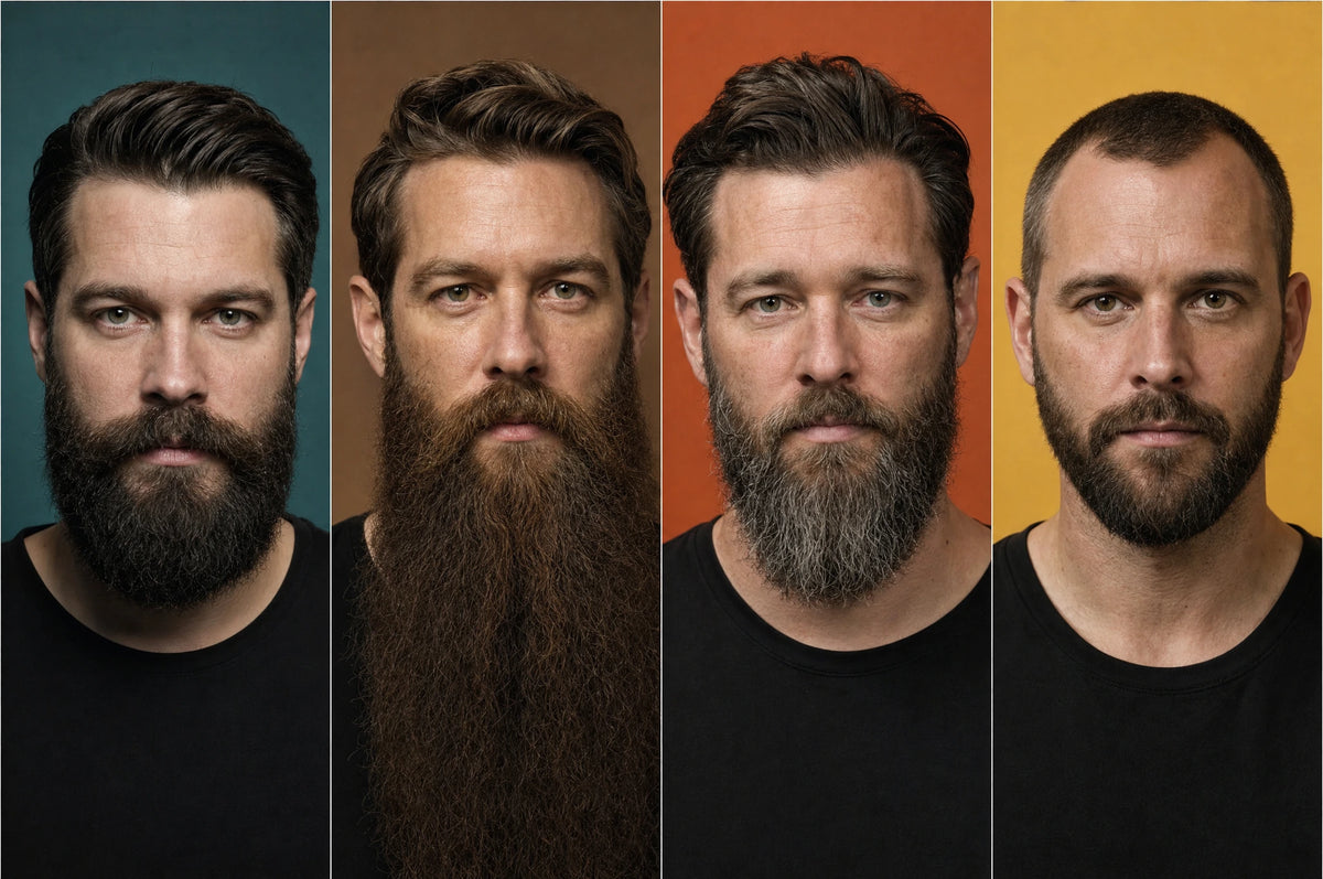 Four separate portraits showing full beards of different lengths and shapes