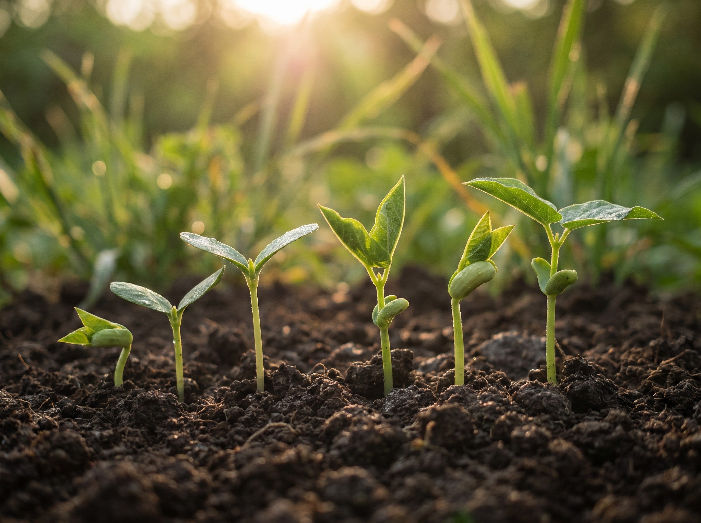 Young seedlings at different growth stages in dark soil, symbolising natural beard growth over time
