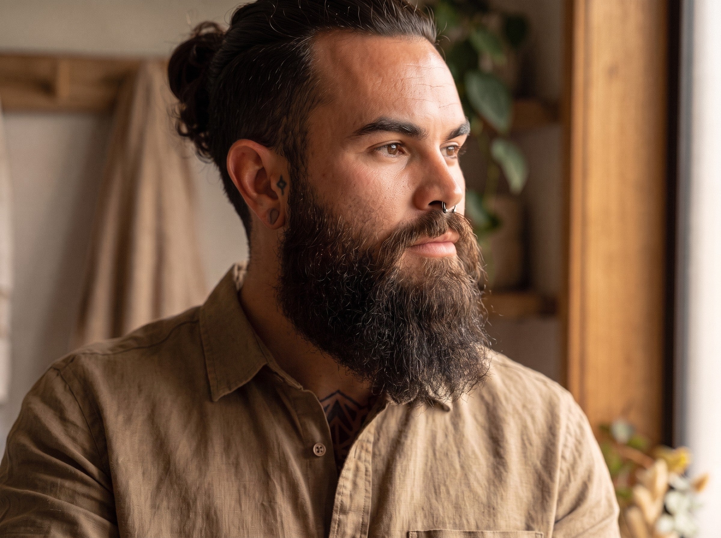 Man with a long full Viking style beard and man bun in warm natural light