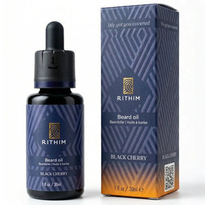 Rithim Black Cherry beard oil bottle and packaging on a white background