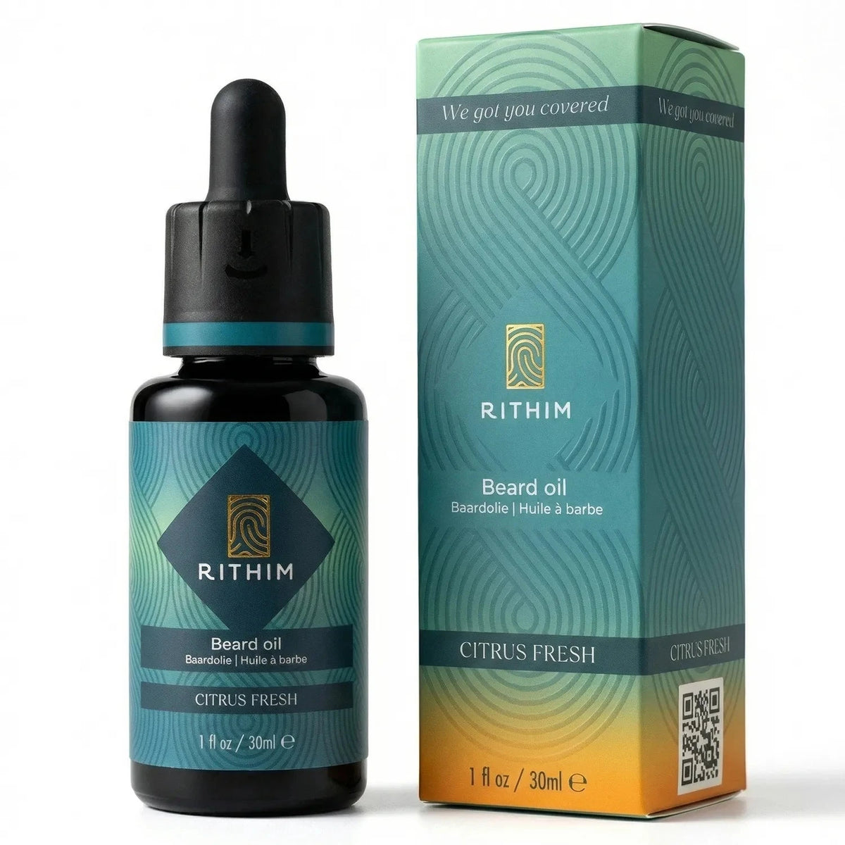 Rithim Citrus Fresh beard oil bottle and packaging on a white background